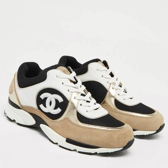 Chanel Women’s Mesh Suede Calfskin CC Sneakers Size 39 In White Black Beige Gold - Picture 3 of 16